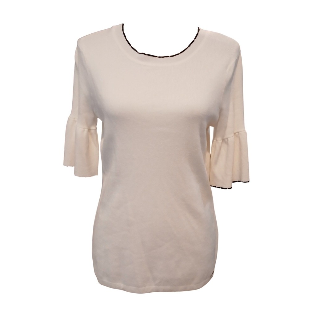 Ivanka Trump Womens Bell Sleeve Knit Sweater Top Cream White Black Trim NWT